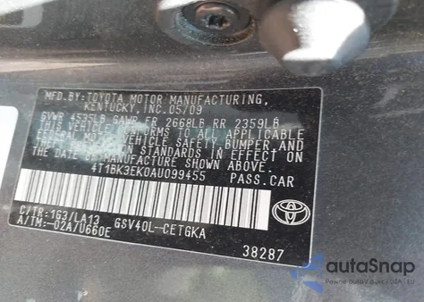 2010 Toyota Camry Xle V6 из США, поврежденный, VIN 4T1BK3EK0AU099455